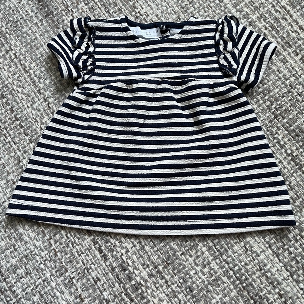 Zara baby girl striped short sleeve dress 3-6 months navy‎ ruffle beach casual